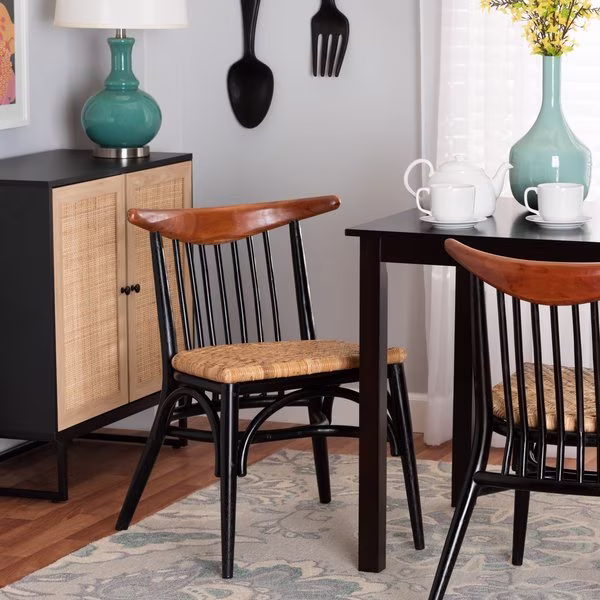 Parthenia MidCentury  Black and Walnut Brown Finished Mahogany Wood and Natural Rattan Dining Chair